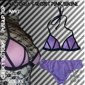 Victoria's Secret PINK Lilac Purple Black Pushup Halter Cheeky Hipster Bikini XS